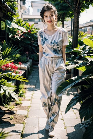 masterpiece, best quality, 1girl ((garden background)), black hair, floating hair, blush, looking at viewers, white T-shirt, happy, ((front)),upper body, close-up, (natural light), photorealistic, 19 years old, butterflies,smiling, bloom, motion_blur, blurry_background, bokeh, medium_breasts((medium close up) ) 