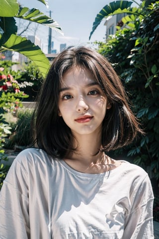 masterpiece, best quality, 1girl ((garden background)), black hair, floating hair, blush, looking at viewers, white T-shirt, happy, ((front)),upper body, close-up, (studio light), photorealistic, 19 years old, butterflies