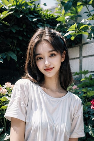 masterpiece, best quality, 1girl ((garden background)), black hair, floating hair, blush, looking at viewers, white T-shirt, happy, ((front)),upper body, close-up, (natural light), photorealistic, 19 years old, butterflies,smiling, bloom, motion_blur