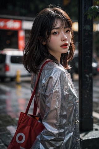 1GIRL, raw, asian, tokyo, low angle, expression, happy, rain, modern clothing, photorealistic, 8k, highly detailed, rain coat, candid, medium close up, f 2/8, high_resolution.