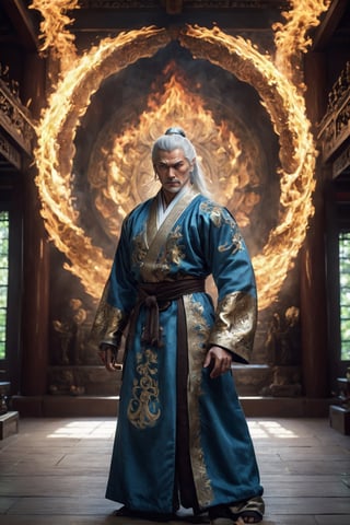 Envision a man with flowing short white hair and golden half mask, blue eyes, looking at viewer, wore a silver colored robe with glowing totemic embroidery, refined muscular body, standing on palace interior full of gold, exquisite details and texture, detailed face, anatomy correct, best quality, ultra detailed, photorealistic, capturing the essense of ancient and immortality, rage fire, hellfire, blue flame,Doton,Ninja