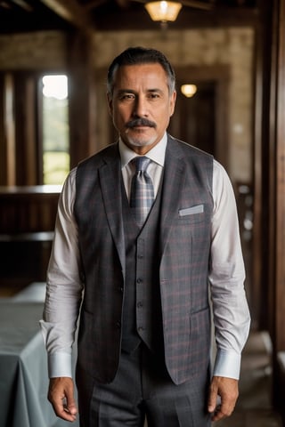 a 55 years old, latin man, (((55o))), (((male))), ((mature man), hard features, Don Enrique is a middle-aged man, with gray hair neatly combed back. He always wears a dark suit, tie, and polished shoes. He has a neatly trimmed mustache and a serious expression. Don Enrique is a serious, disciplined and meticulous man. He is a perfectionist in his work, always making sure the ranch is in perfect condition. He has a strong work ethic and expects the same from his servants.
Wear plaid shirts, wool vest, hat, jeans, work boots(((full body))), (totale dark background), 1girl, masterpiece, best quality, high resolution, 8K, HDR, bloom, raytracing, detailed shadows, bokeh, depth of field, film photography, film grain, glare, (wind:0.8), detailed hair, hard features, mature man, ultra detailed eyes, cinematic lighting, (hyperdetailed:1.15), in the hacienda