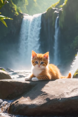 a kittens is sitting on a large rock in front of a waterfall and looking at the waterfalls, samikshavad, pinterest, Landscape, pexels, Adventure fantasy, Lost world, rayasi, picture, jigsaw puzzle, instagram, Sheela Gowda, simaura, stock photo, hurufiyya, ramanda, Tunga, screenshot, tumblr, digital rendering, Diagrammatic, Romantic fantasy, Xianxia, Ramkinkar Baij, unsplash, Figurative, sumatraism, Life, Fabulation, priysantheme, Photorealism, N. S. Harsha, nurugai, regionalism, naturalism, Deng Shiru,Xxmix_Catecat