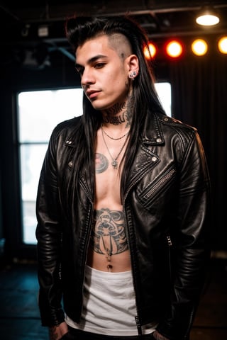 Dante is a 25-year-old piercing aficionado who works as a musician in a local punk rock band. He has long hair shaved on the sides, and has multiple piercings in his ears, nose, and eyebrows. His body is decorated with numerous tattoos that reflect his love for music, freedom and rebellion. His clothing style is punk and casual, with leather jackets, torn t-shirts and motorcycle boots. Dante is a free spirit and passionate about music, finding release and catharsis on stage and in the energy of live performances. He is known in the local punk scene for his charisma, his authenticity, and his commitment to authenticity and authenticity of the genre.