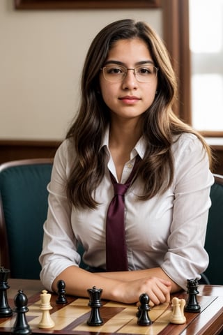 Lucía Herrera (Support), 1girl, a 17-year-old student with glasses and an academic appearance, intelligent and reserved, uses her skills to decipher crucial information as the chess club president.