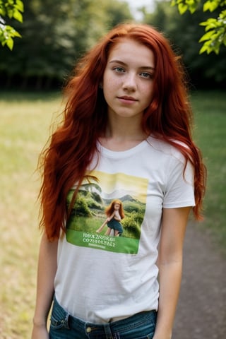 a 16 yeras old Teen Girl, Thin, short, medium breasts, mole next to the left nipple, (((red hair))), (((green eyes))), freckles on the nose. clear skin. Shy, introverted, lover of nature and animals. Dress in a natural and comfortable style, with t-shirts with nature prints, jeans and hiking boots. (((full body))), (totale dark background), 1girl, masterpiece, best quality, high resolution, 8K, HDR, bloom, raytracing, detailed shadows, bokeh, depth of field, film photography, film grain, glare, (wind:0.8), detailed hair, beautiful face, beautiful girl, ultra detailed eyes, cinematic lighting, (hyperdetailed:1.15), , little_cute_girl, 1girl,