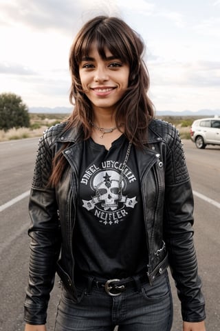 1girl, Sofía "La Rebelde" Martínez, 22 years old, long brown hair with bangs, defiant look and rebellious smile. He wears a black leather jacket, black jeans, motorcycle boots, and a t-shirt with the logo of his favorite band. She sports several metal necklaces, a studded leather bracelet, and a ring in the shape of a skull. Adventurer, motorcycle lover and defender of individual freedom. She enjoys riding his motorcycle on the road, listening to rock at full volume and participating in biker events.