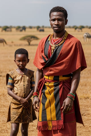 "Create an image of Masai warriors in Kenya or Tanzania, dressed in traditional red shukas, standing against the backdrop of the Serengeti plains. Include elements such as acacia trees, wildlife like giraffes or zebras, and a traditional Masai village."