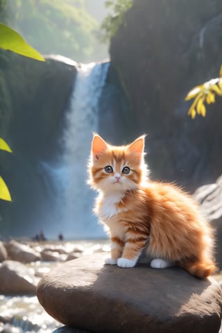 a kittens is sitting on a large rock in front of a waterfall and looking at the waterfalls, samikshavad, pinterest, Landscape, pexels, Adventure fantasy, Lost world, rayasi, picture, jigsaw puzzle, instagram, Sheela Gowda, simaura, stock photo, hurufiyya, ramanda, Tunga, screenshot, tumblr, digital rendering, Diagrammatic, Romantic fantasy, Xianxia, Ramkinkar Baij, unsplash, Figurative, sumatraism, Life, Fabulation, priysantheme, Photorealism, N. S. Harsha, nurugai, regionalism, naturalism, Deng Shiru,Xxmix_Catecat