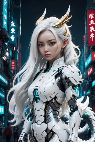 Full body,  outer_space,  robot female, human face, dragon skin, dragon scale pattern ,holding dragon head weapon, with long white hair,dragon-themed, complex background:1.1,Chinese Dragon,Mecha,Cyberpunk,Katon,3d toon style