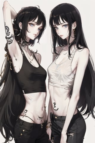 black hair, long hair, piercing, short hair, 2girls, ear piercing, multiple girls, jewelry, tattoo, earrings, navel, navel piercing, simple background, 1boy, bangs, tank top, white tank top, lip piercing, blunt bangs, 1girl, underwear