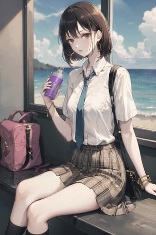 1girl, solo, skirt, sitting, necktie, asakura toru, short hair, school uniform, water bottle, bottle, earphones, shirt, clothes around waist, jewelry, cloud, white shirt, bag, socks, plaid skirt, sky, plaid, black socks, crossed legs, brown hair, ocean, window, black necktie, sleeves rolled up, pleated skirt, earrings, blurry foreground, bangs, bracelet, blue sky, knee_highs