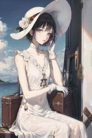 hat, 1girl, gloves, umbrella, suitcase, dress, white gloves, flower, black hair, white dress, sitting, short hair, choker, hat flower, white headwear, rolling suitcase, day, cloud, hand on own face, sleeveless, luggage, hand on own cheek, sky, solo focus, ground vehicle, water, train, sleeveless dress, looking at viewer, outdoors, head rest, book, sun hat, closed umbrella, rose, collarbone, frills, 1boy, bangs, blue sky