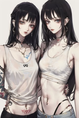 black hair, long hair, piercing, short hair, 2girls, ear piercing, multiple girls, jewelry, tattoo, earrings, navel, navel piercing, simple background, 1boy, bangs, tank top, white tank top, lip piercing, blunt bangs, 1girl, underwear