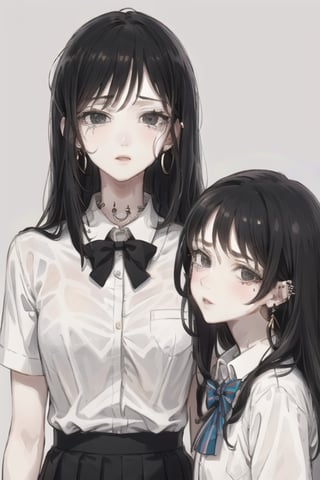 multiple girls, 2girls, piercing, black hair, long hair, ear piercing, school uniform, shirt, short hair, bow, simple background, bowtie, jewelry, white shirt, earrings, looking at viewer, skirt, collared shirt, grey background, black eyes, bangs, crying