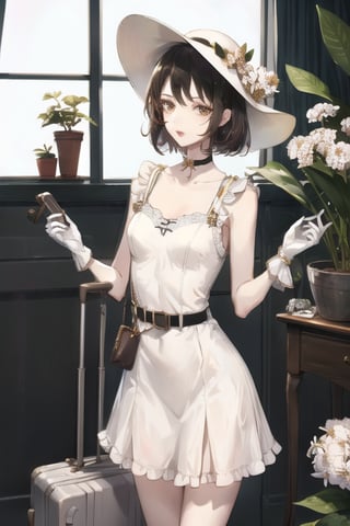 1girl, hat, dress, gloves, suitcase, solo, white dress, short hair, choker, white gloves, window, white headwear, sun hat, flower, looking at viewer, sleeveless, sleeveless dress, collarbone, black hair, hat flower, holding, luggage, bangs, parted lips, standing, frills, indoors, rolling suitcase, black choker, brown eyes, black eyes, plant, belt