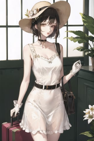 1girl, hat, dress, gloves, suitcase, solo, white dress, short hair, choker, white gloves, window, white headwear, sun hat, flower, looking at viewer, sleeveless, sleeveless dress, collarbone, black hair, hat flower, holding, luggage, bangs, parted lips, standing, frills, indoors, rolling suitcase, black choker, brown eyes, black eyes, plant, belt