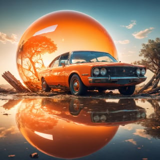 lovely double exposure image by blending together a wrecked cars and a glass orange. The sky should serve as the underlying backdrop, with its details subtly incorporated into the glossy glass orange, sharp focus, double exposure, glossy orange, (translucent glass figure of an orange) (sky inside) lifeless, dead, earthy colors, decadence, intricate design, hyper realistic, high definition, extremely detailed, dark softbox image, raytracing, cinematic, HDR, photorealistic (double exposure:1.1), IncrsXLRanni