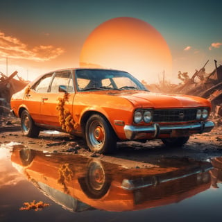 lovely double exposure image by blending together a wrecked cars and a glass orange. The sky should serve as the underlying backdrop, with its details subtly incorporated into the glossy glass orange, sharp focus, double exposure, glossy orange, (translucent glass figure of an orange) (sky inside) lifeless, dead, earthy colors, decadence, intricate design, hyper realistic, high definition, extremely detailed, dark softbox image, raytracing, cinematic, HDR, photorealistic (double exposure:1.1), IncrsXLRanni