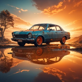 lovely double exposure image by blending together a wrecked cars and a glass orange. The sky should serve as the underlying backdrop, with its details subtly incorporated into the glossy glass orange, sharp focus, double exposure, glossy orange, (translucent glass figure of an orange) (sky inside) lifeless, dead, earthy colors, decadence, intricate design, hyper realistic, high definition, extremely detailed, dark softbox image, raytracing, cinematic, HDR, photorealistic (double exposure:1.1), IncrsXLRanni