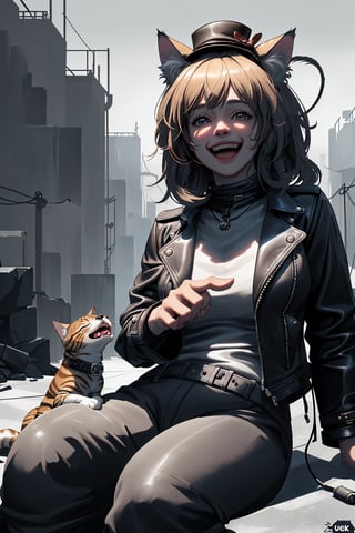 a  large cat , sitting, is wearing a leather jacket and tiny hat on top of its head laughing at the dog that is trying to please it's owner, in a dystopian background with smooth light, 8k, ultra realistic, high resolution