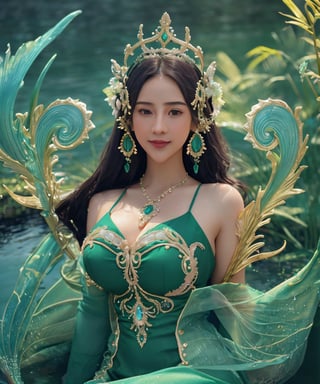 Top quality, 8k, 32k, Masterpiece, photo realistic, realistic, beautiful mermaid wearing green dress, pink lipstick, pink cheeks, smile, white and clean and smooth skin, woman with very big breasts, intricate detail, super detail, super high, highest detail, seamless, Stunning detail, fine detail, cinematic lighting, smooth and beautiful, CG, unity, 8k wallpaper, unity detail wallpaper 8k CG, stunning detail, high resolution, looking at the viewer