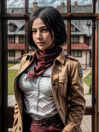 Best Image Quality, Super High Resolution, Masterpiece, Photorealistic, hmmikasa, short hair, very good detailed face, black eyes, very nice detailed lips, finger details are very nice, scarf, coat of arms, belt, thigh strap, red scarf, white pants, brown jacket, long sleeves, holding weapon, sword, dual use, three dimensional maneuvering equipment, fighting stance, sky, Big boobs, Beautiful face with high quality detail, smile, Sexy, Pale white skin, Porcelain skin, Professional lighting & super detailed, Slim, Super clean detailed, Elaborate detail, Super detailed, Super tall, Highest detail, Smooth, Excellent detail, Fine detail, Cinematic lighting, Incredibly smooth and beautiful image, staring at the viewer, hmmikasa,4nya,Anyageraldine,perfecteyes