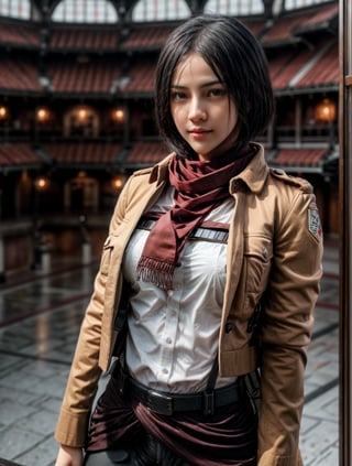 Best Image Quality, Super High Resolution, Masterpiece, Photorealistic, hmmikasa, short hair, very good detailed face, black eyes, very nice detailed lips, finger details are very nice, scarf, coat of arms, belt, thigh strap, red scarf, white pants, brown jacket, long sleeves, holding weapon, sword, dual use, three dimensional maneuvering equipment, fighting stance, sky, Big boobs, Beautiful face with high quality detail, smile, Sexy, Pale white skin, Porcelain skin, Professional lighting & super detailed, Slim, Super clean detailed, Elaborate detail, Super detailed, Super tall, Highest detail, Smooth, Excellent detail, Fine detail, Cinematic lighting, Incredibly smooth and beautiful image, staring at the viewer, hmmikasa,4nya,Anyageraldine,perfecteyes