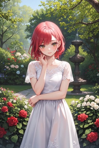 A girl smelling roses in a beautifully landscaped garden, surrounded by vibrant and lush flowers. She is wearing a flowing white dress that matches the purity and elegance of the garden. The garden is filled with different varieties of roses, in various shades of red, pink, and white, creating a mesmerizing display of color and fragrance. The roses are expertly arranged, enhancing the visual appeal of the garden. The sunlight filters through the tree branches, casting a gentle glow on the scene. The girl's eyes light up with delight as she takes in the beauty of the roses. The intricate details of the petals and delicate fragrance are captured with ultra-detailed precision. The painting style is reminiscent of a classical oil painting, bringing out the richness and depth of the flowers. The colors are vivid and vibrant, with hues of red, pink, and green dominating the scene. The lighting is soft and warm, emphasizing the romantic ambiance of the garden. The overall image quality is of the highest level, with sharp focus and realistic representation. This masterpiece captures the timeless beauty and enchantment of roses in a stunning garden. (best quality, ultra-detailed, realistic, photorealistic), roses, girl, garden, flowers, dress, vibrant colors, oil painting style, sunlight, beautiful landscape, soft and warm lighting