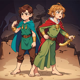 character detailing, man, hobbit, single, without shoes, bare feet, short hair, pixie haircut, leg hair, cape, hood on head, curly hair, fair skin, medieval, adventurer, fantasy, chocolate hair, dark green cloak, brown eyes, angry, big scar on cheek, sword on belt, bone bracelet, (scars), lots of shadows, dark colors, brown pants, milk shirt,