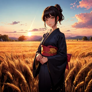 A girl in a kimono with a blank look stands waist-deep in a field of wheat, a black kimono with gold edges, her hair is tied in a ponytail, yellow eyes, the sunset is reflected in her eyes, the light falls on her face, half-sideways to the camera