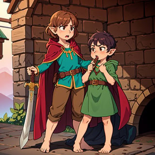 character detailing, man, hobbit, single, without shoes, bare feet, short hair, pixie haircut, leg hair, cape, hood on head, curly hair, fair skin, medieval, adventurer, fantasy, chocolate hair, dark green cloak, brown eyes, angry, big scar on cheek, sword on belt, bone bracelet, (scars), lots of shadows, dark colors, brown pants, milk shirt,