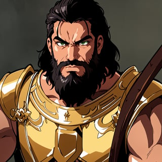 masterpiece, high quality, best quality, beautiful, hd, realistic, perfect lighting, detailed face, detailed body, 1 man, solo, black hair, green eyes, long black beard, brown and worn leather clothing gladiator style: 1.4), leather breastplate, 1 wooden spear in hands, war battle background, gladiator style, muscular men, robust, angry look, 