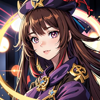 face, closeup, closeup shot, shiny hair, shiny clothes, shiny, extremely detailed eyes, extreme details, realistic, cinematic, detailed, masterpiece, 4k, 8k, ,  PunkAI,,  FantasyAI_Burple,, indoors, hu tao (genshin impact), genshin impact, hat, symbol-shaped pupils, red eyes, brown hair, star-shaped pupils, flower-shaped pupils, bangs, black nails, black headwear 