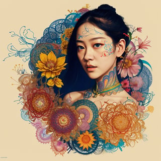 official art, unity 8k wallpaper, ultra detailed, beautiful and aesthetic, masterpiece, best quality, chinese style, (zentangle, mandala, tangle, entangle), ecstasy of flower, 1girl, extremely detailed, dynamic angle, cowboyshot, the most beautiful form of chaos, elegant, a brutalist designed, vivid colours, romanticism, by james jean, roby dwi antono, ross tran, francis bacon, michal mraz, adrian ghenie, petra cortright, gerhard richter, takato yamamoto, ashley wood, atmospheric