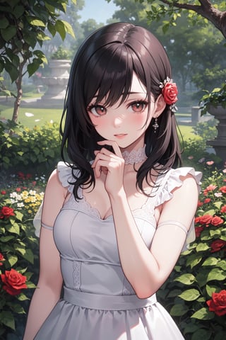 A girl smelling roses in a beautifully landscaped garden, surrounded by vibrant and lush flowers. She is wearing a flowing white dress that matches the purity and elegance of the garden. The garden is filled with different varieties of roses, in various shades of red, pink, and white, creating a mesmerizing display of color and fragrance. The roses are expertly arranged, enhancing the visual appeal of the garden. The sunlight filters through the tree branches, casting a gentle glow on the scene. The girl's eyes light up with delight as she takes in the beauty of the roses. The intricate details of the petals and delicate fragrance are captured with ultra-detailed precision. The painting style is reminiscent of a classical oil painting, bringing out the richness and depth of the flowers. The colors are vivid and vibrant, with hues of red, pink, and green dominating the scene. The lighting is soft and warm, emphasizing the romantic ambiance of the garden. The overall image quality is of the highest level, with sharp focus and realistic representation. This masterpiece captures the timeless beauty and enchantment of roses in a stunning garden. (best quality, ultra-detailed, realistic, photorealistic), roses, girl, garden, flowers, dress, vibrant colors, oil painting style, sunlight, beautiful landscape, soft and warm lighting