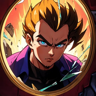 8k portrait of muscular vegeta, yellow hair, blue eyes, intricate, elegant, highly detailed, full body, majestic, digital photography, art by artgerm and ruan jia and greg rutkowski, black hair, beardless face, broken glass (masterpiece, side lighting, beautiful finely detailed eyes: 1.2 ), hdr,