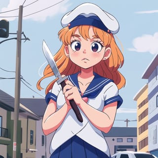 masterpiece, best quality, kawaii,Aika-KJ, holding knife, gangsta in neighborhood, sailor suit with cap,knife, a sailor scout weared like gangsta