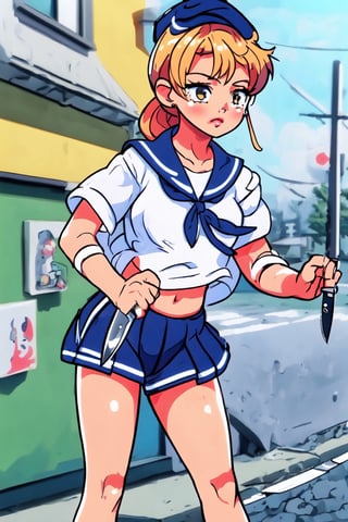 masterpiece, best quality, kawaii,Aika-KJ, holding knife, gangsta in neighborhood, sailor suit with cap,knife, a sailor scout weared like gangsta