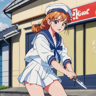 masterpiece, best quality, kawaii,Aika-KJ, holding knife, gangsta in neighborhood, sailor suit with cap,knife, a sailor scout weared like gangsta