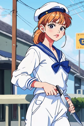 masterpiece, best quality, kawaii,Aika-KJ, holding knife, gangsta in neighborhood, sailor suit with cap,knife, a sailor scout weared like gangsta