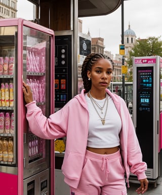 Analogue, black man looking away, braids , in a worn white and pink  streetwear outfit, pink cargo joggers, white face mask, fit body, dynamic body pose, jewelry, silver necklace, peaarls necklace, refined details, pink oversized sweatshirt, pink long silk details, stitching detail,, suspense lighting, complex, head and shoulders portrait, 4k concept art portrait by Greg Rutkowski, artgram, WLOP, Alphonse Mucha,city square , pink vending machine, empty, daylight time, bright sky, refined hands