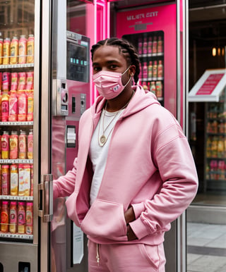 Analogue, black man looking away, braids , in a worn white and pink  streetwear outfit, pink cargo joggers, white face mask, fit body, dynamic body pose, jewelry, silver necklace, peaarls necklace, refined details, pink oversized sweatshirt, pink long silk details, stitching detail,, suspense lighting, complex, head and shoulders portrait, 4k concept art portrait by Greg Rutkowski, artgram, WLOP, Alphonse Mucha,city square , pink vending machine, empty, daylight time, bright sky, refined hands