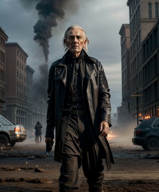 cover, Canon shot, 8k quality, a beautiful portrait of an old man ,muddy face,good physique, black outfit, very refined garments, jewelry, ripped futuristic jacket , black jacket, black streetwear style, black pleated pants, long outfit,  high quality garment, insane detail, intricate complexity, katana sword in hand, zombie apocalypse, muddy clothes, suspense surreal,empty city square ,dirty , abandoned, destroyed, smoke in the back,  darker colors, cool color palette, light in the back, different body poses, dynamic pody poses, photoreal, 8 k, octane render by greg rutkowski, very detailed face