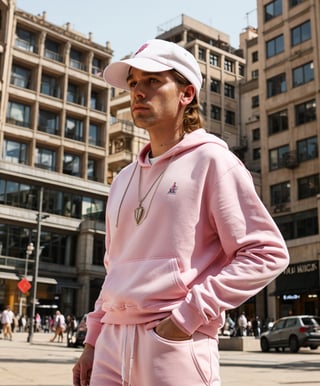 Analogue, white men looking away, with a baseball style cap, in a worn white and pink  streetwear outfit, pink cargo joggers, white face mask, fit body, dynamic body pose, jewelry, silver necklace, peaarls necklace, refined details, pink oversized sweatshirt, pink long silk details, stitching detail,, suspense lighting, complex, head and shoulders portrait, 4k concept art portrait by Greg Rutkowski, artgram, WLOP, Alphonse Mucha,city square , apocalyptic, empty, daylight time, bright sky, refined hands