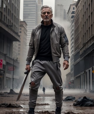 cover, Canon close shot, 8k quality, a handsome portrait of an old man ,muddy face,good physique, muscular, grey outfit, very refined garments, jewelry, ripped futuristic jacket , black jacket, grey streetwear style, grey jogger pants, long outfit,  high quality garment, insane fabric detail, intricate complexity, katana sword in hand, zombie apocalypse, muddy clothes, suspense surreal,empty city square ,dirty , abandoned, destroyed, smoke in the back,  darker colors, cool color palette, light in the back, different body poses, dynamic pody poses, photoreal, 8 k, octane render by greg rutkowski, very detailed face