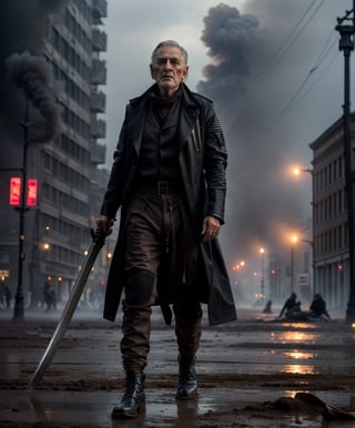 cover, Canon shot, 8k quality, a beautiful portrait of an old man ,muddy face,good physique, black outfit, very refined garments, jewelry, ripped futuristic jacket , black jacket, black streetwear style, black pleated pants, long outfit,  high quality garment, insane detail, intricate complexity, katana sword in hand, zombie apocalypse, muddy clothes, suspense surreal,empty city square ,dirty , abandoned, destroyed, smoke in the back,  darker colors, cool color palette, light in the back, different body poses, dynamic pody poses, photoreal, 8 k, octane render by greg rutkowski, very detailed face