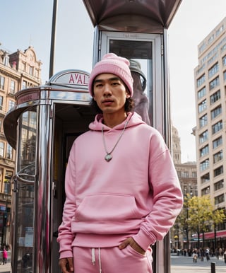 Analogue, asian men looking away, with a beannie, in a worn white and pink  streetwear outfit, pink cargo joggers, white face mask, fit body, dynamic body pose, jewelry, silver necklace, peaarls necklace, refined details, pink oversized sweatshirt, pink long silk details, stitching detail,, suspense lighting, complex, head and shoulders portrait, 4k concept art portrait by Greg Rutkowski, artgram, WLOP, Alphonse Mucha,city square , pink telephone booth, empty, daylight time, bright sky, refined hands