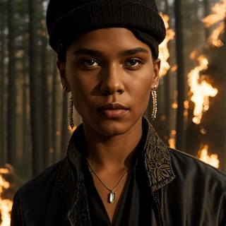 cover, photo of a boy, in a refined black streetwear worn ripped outfit, black futuristic jacket, ear piercings, silver necklace, ((light bokeh)), dirt on face, smoke, black beannie, (silk details ), intricate, (detailed fabric), very detailed, refined garment, sharp focus, photo by greg rutkowski, vivid lighting, light colors, night, (masterpiece), (( burning forest behind )), (detailed face:1.1), eye iris, details,  looking away