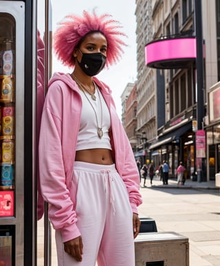 Analogue, black man looking away, pink afro , in a worn white and pink  streetwear outfit, pink cargo joggers, white face mask, fit body, dynamic body pose, jewelry, silver necklace, peaarls necklace, refined details, pink oversized sweatshirt, pink long silk details, stitching detail,, suspense lighting, complex, head and shoulders portrait, 4k concept art portrait by Greg Rutkowski, artgram, WLOP, Alphonse Mucha,city square , pink vending machine, empty, daylight time, bright sky, refined hands